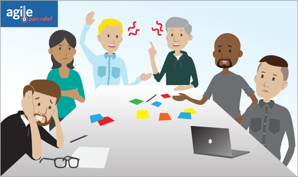 Two members of the scrum team argue during the sprint retrospective while the rest of the team gets anxious or tune out